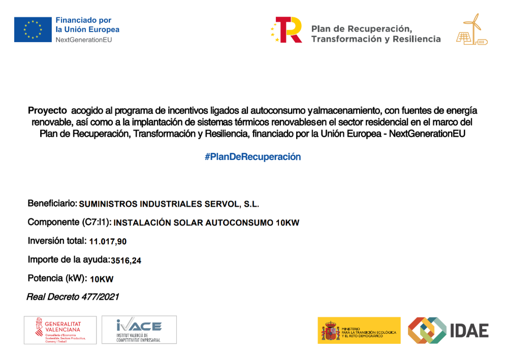 Beneficiaria de subvención IDAE para autoconsumo. Subvención IDAE